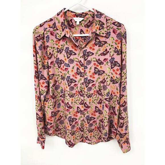 Coral Bay Butterfly Floral Print  Button Up Top Pink Long Sleeve Size S0 - Picture 1 of 3